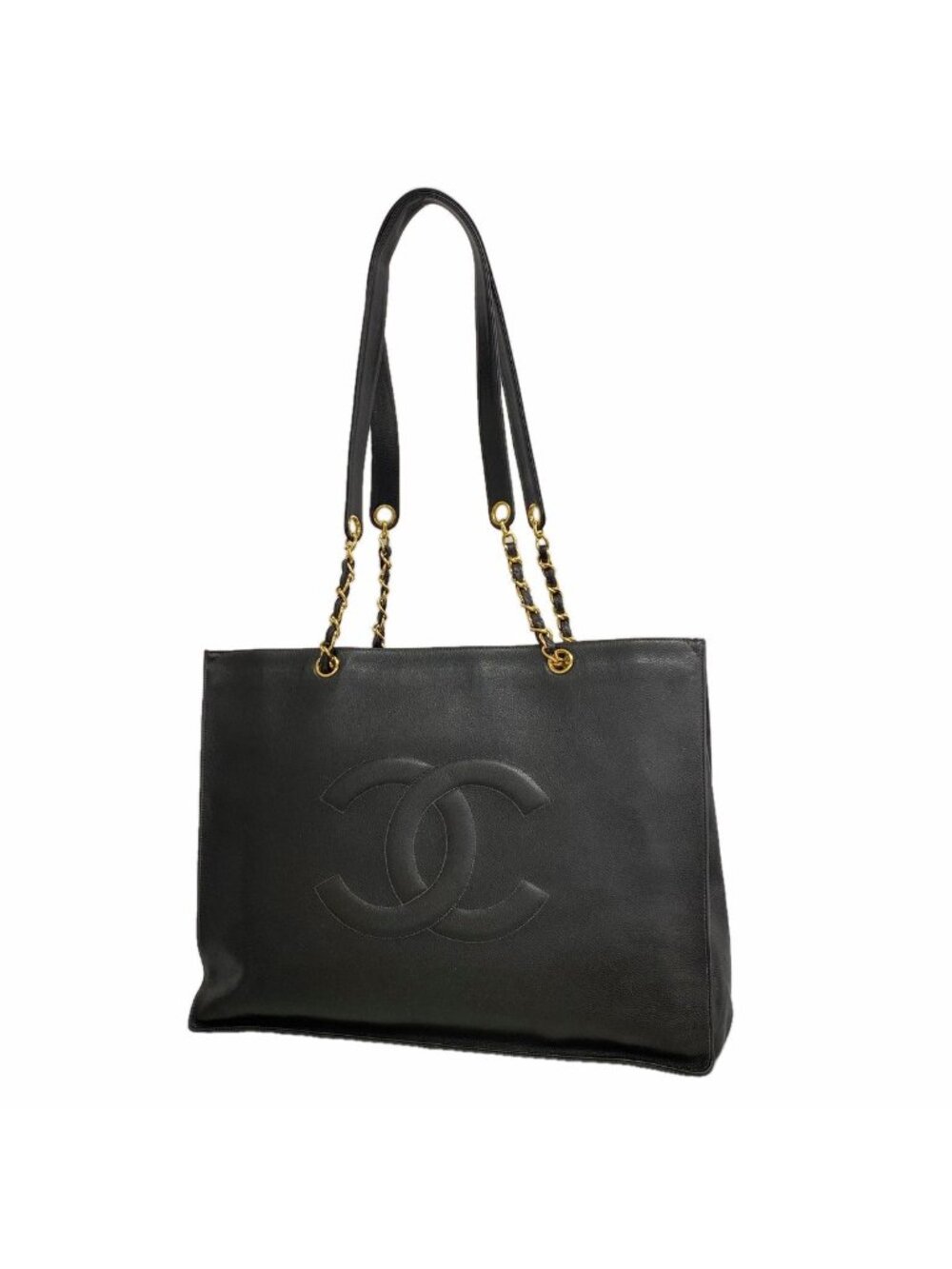 Chanel Chain Tote Bag Caviar Leather Black Gold